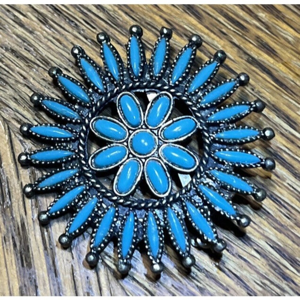Vtg Sancrest Sunburst Petit Point SW Style Faux Turquoise Silver Tone Pin Brooch